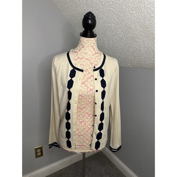 NWT Milly Of New York Womens Button Down Cardigan Sweater Cream Navy Blue Sz L - Picture 1 of 7